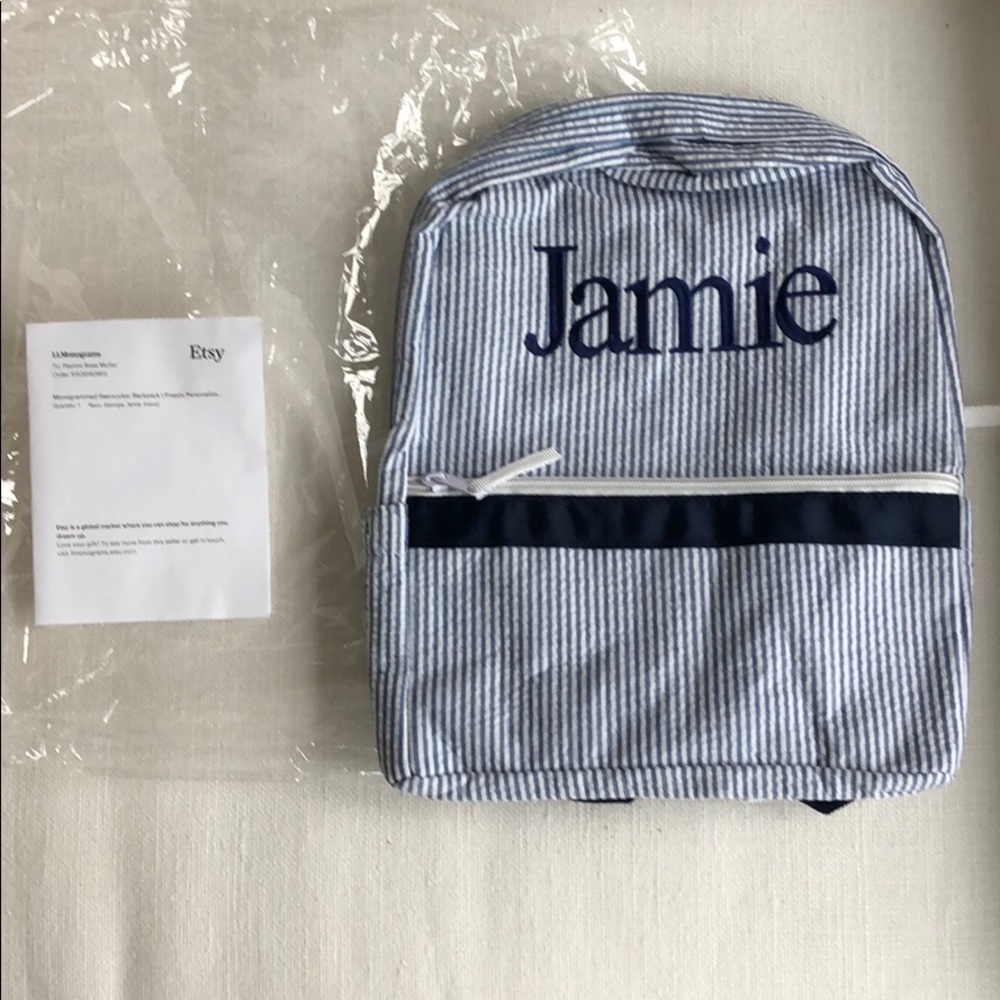 Brand new preppy monogrammed seersucker backpack